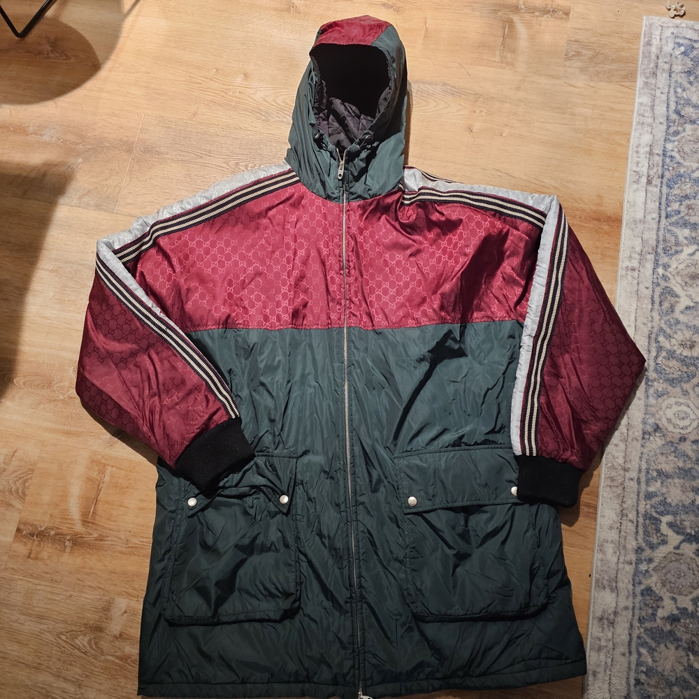 Men's Burgundy and Green Hooded Gucci Jacket Parka Size Large